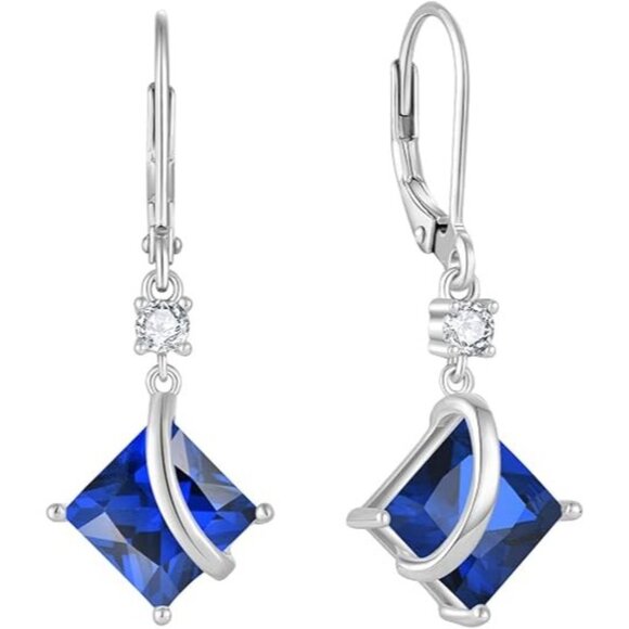 Princess Cut Dangle Drop Leverback Earrings Cubic Zirconia  Square Solitaire Princess Cut Drop Dangle 925 Silver 09 September - Sapphire
